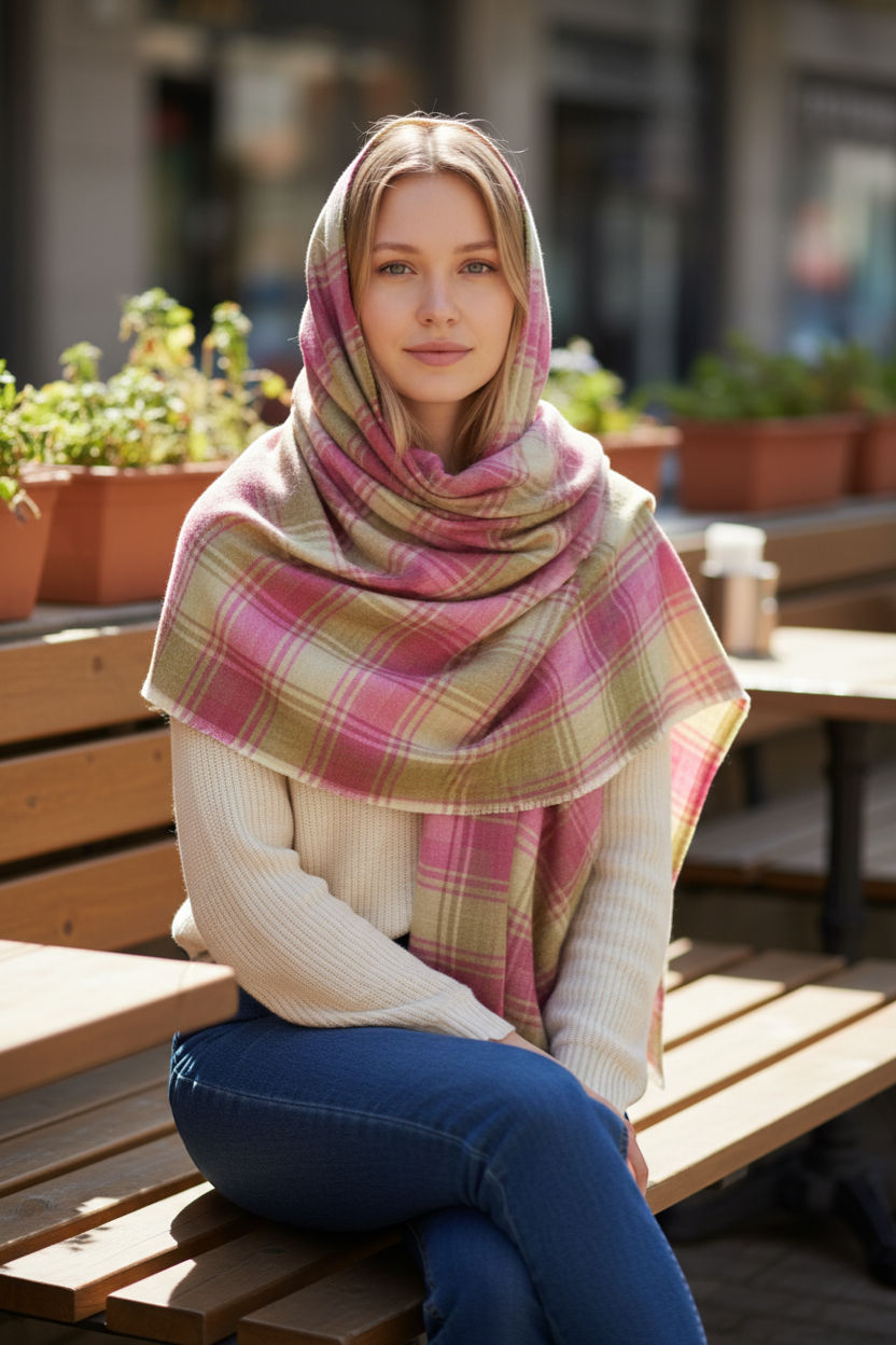 Beige Pink Tartan Wool Scarf